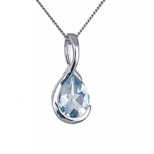 9ct White Gold Aquamarine Necklace Infinity Loop Natural Blue Gemstone