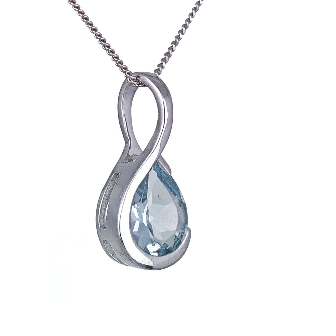 9ct White Gold Aquamarine Necklace Infinity Loop Natural Blue Gemstone