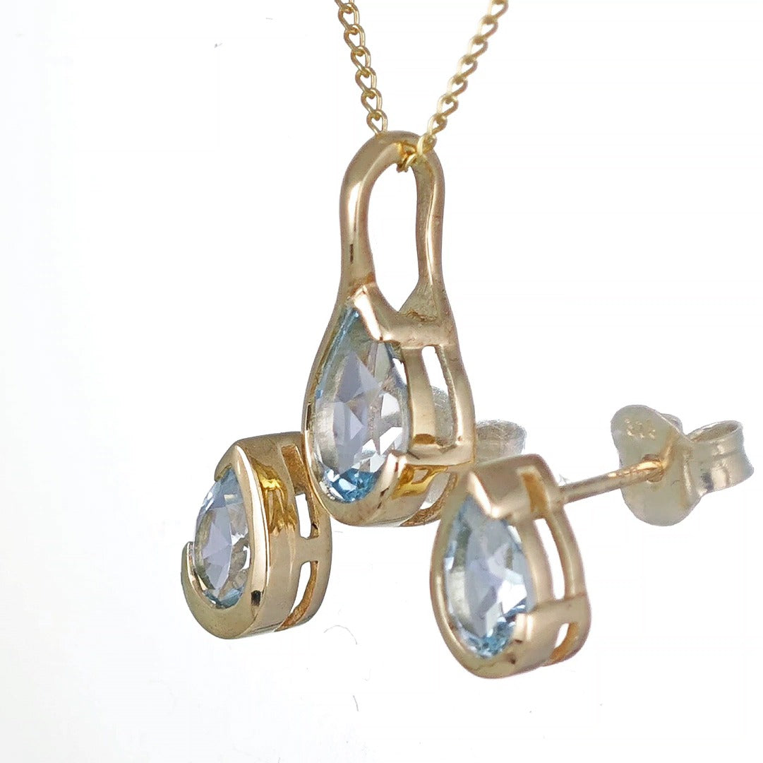 9ct Yellow Gold Blue Topaz Set Pendant Stud Earrings Infinity Loop