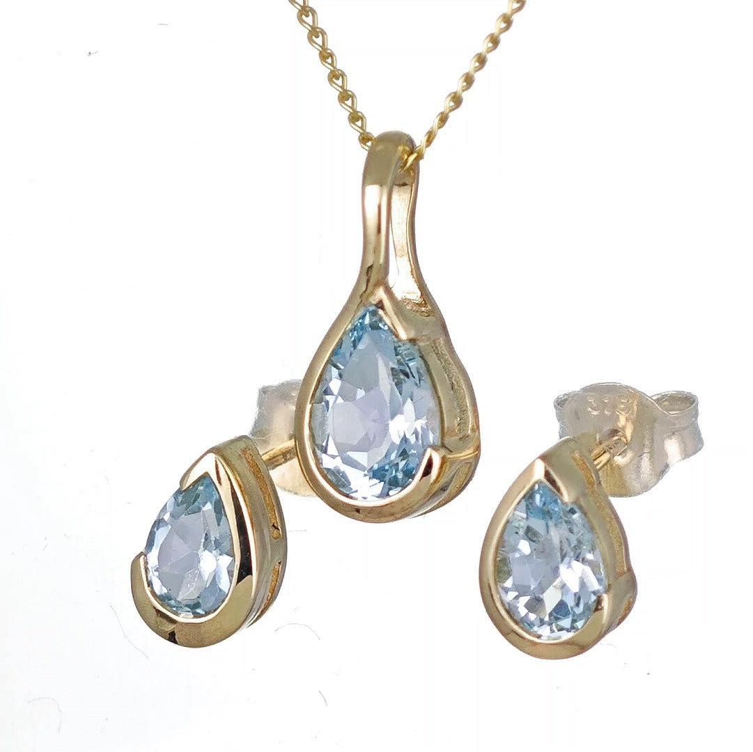 9ct Yellow Gold Blue Topaz Set Pendant Stud Earrings Infinity Loop