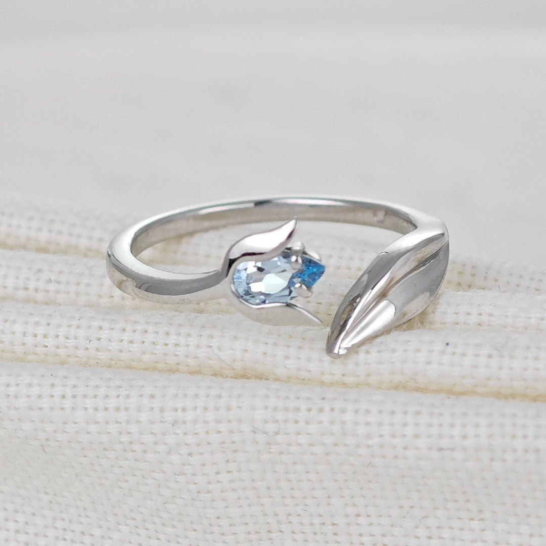 Blue Topaz Ring Sterling Silver Adjustable Tulip Flower