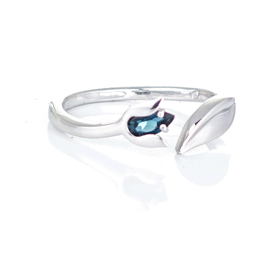 Topaz Tulip Ring Sterling Silver Adjustable London Blue Gemstone