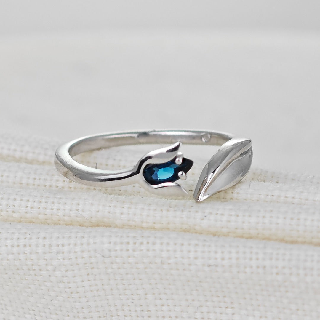 Topaz Tulip Ring Sterling Silver Adjustable London Blue Gemstone