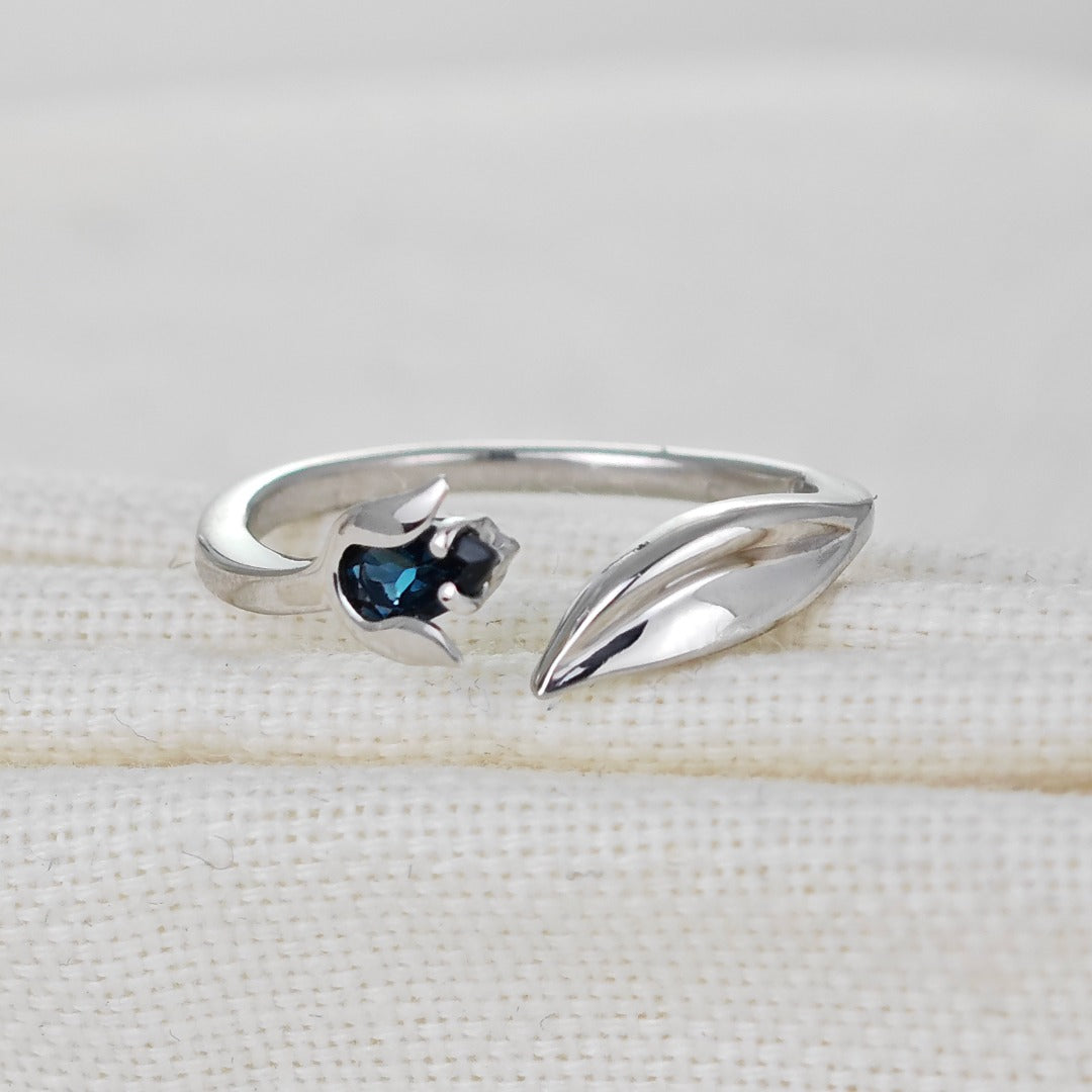 Topaz Tulip Ring Sterling Silver Adjustable London Blue Gemstone