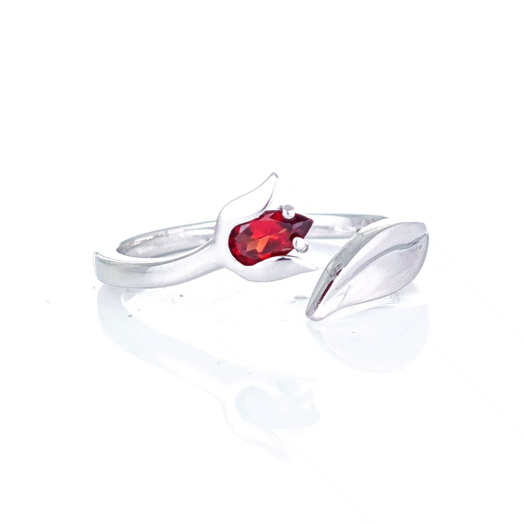 Garnet Tulip Ring Sterling Silver Adjustable