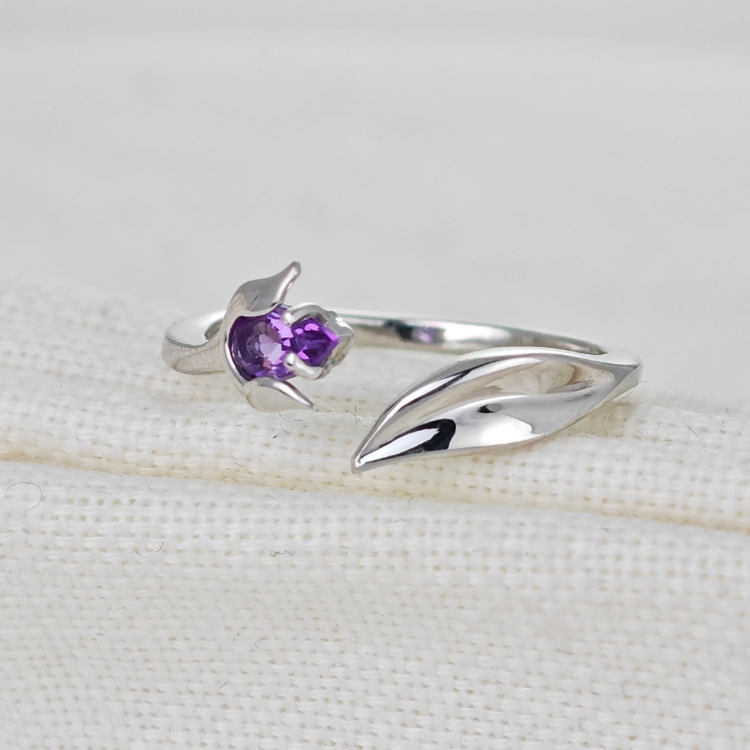 Sterling Silver Amethyst Ring Tulip Flower Adjustable