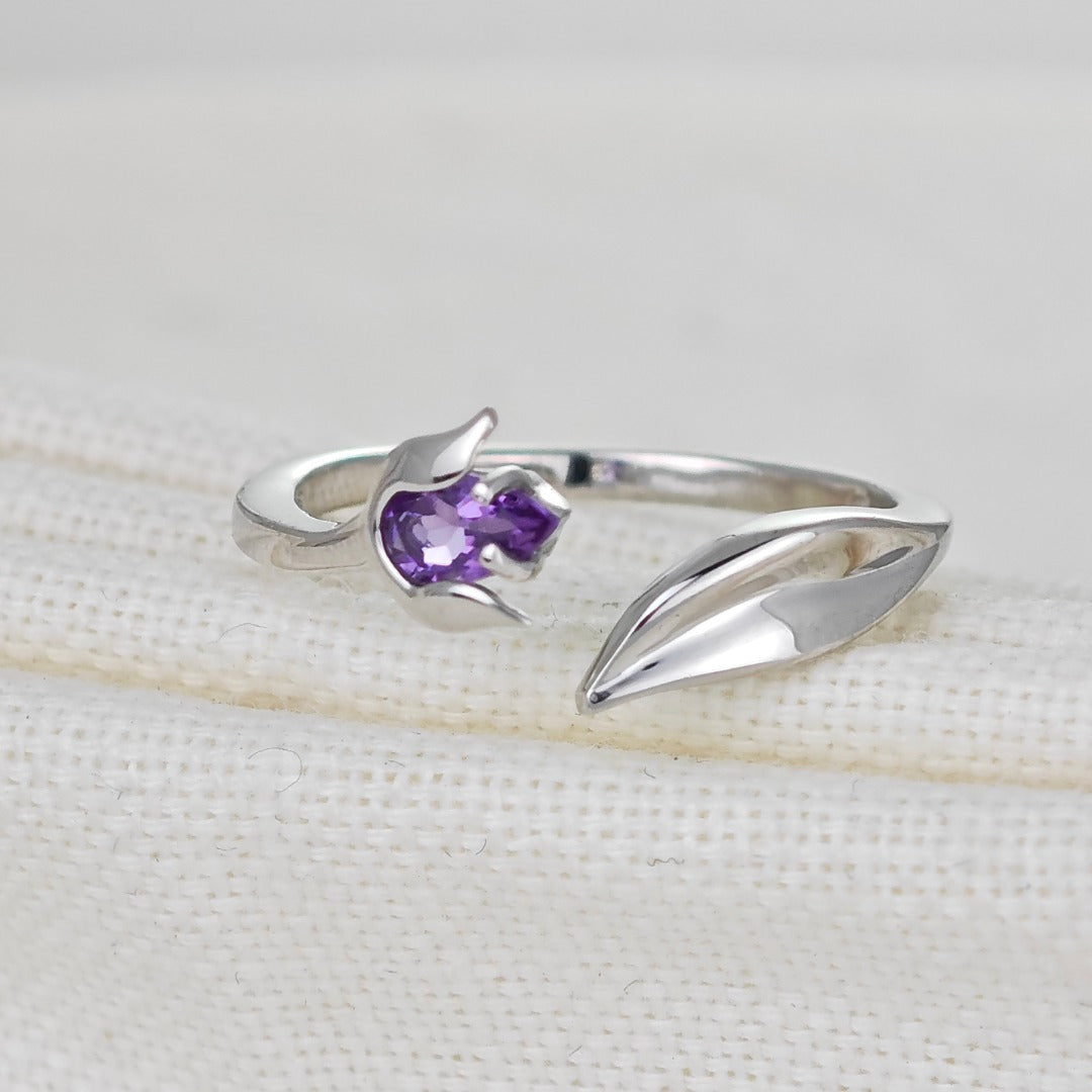 Sterling Silver Amethyst Ring Tulip Flower Adjustable