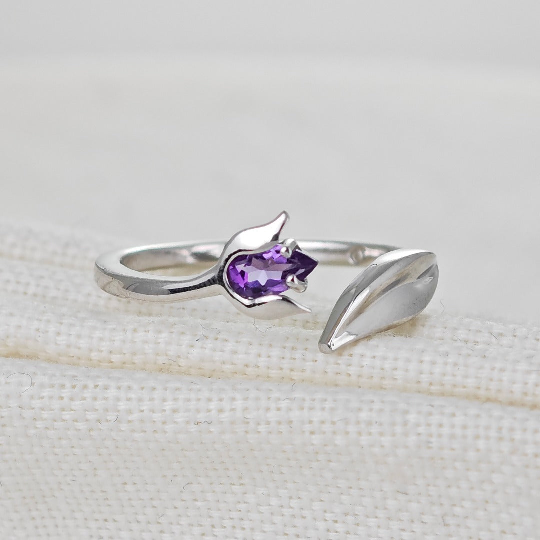 Sterling Silver Amethyst Ring Tulip Flower Adjustable