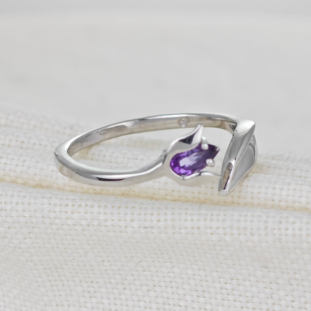 Sterling Silver Amethyst Ring Tulip Flower Adjustable