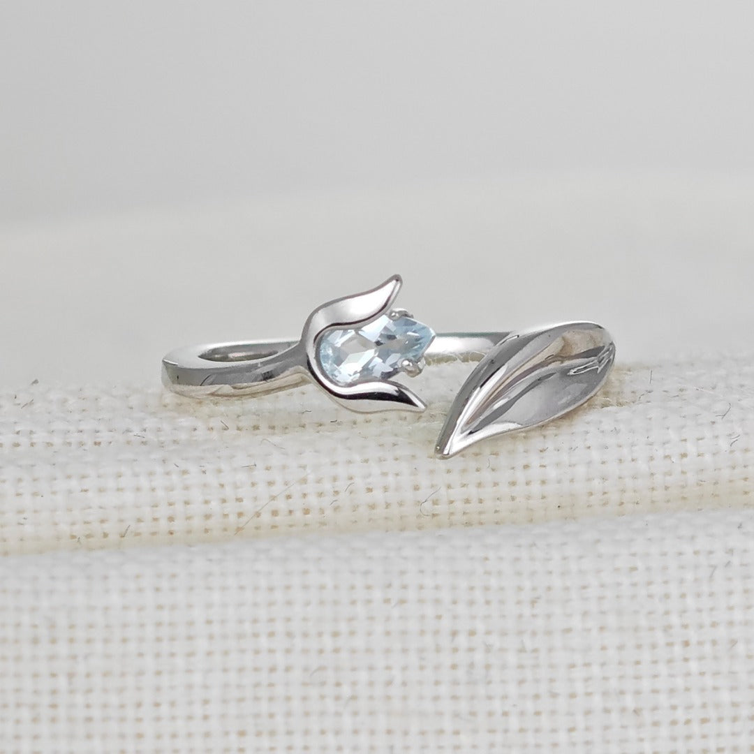 Aquamarine Ring Sterling Silver Adjustable Tulip Flower