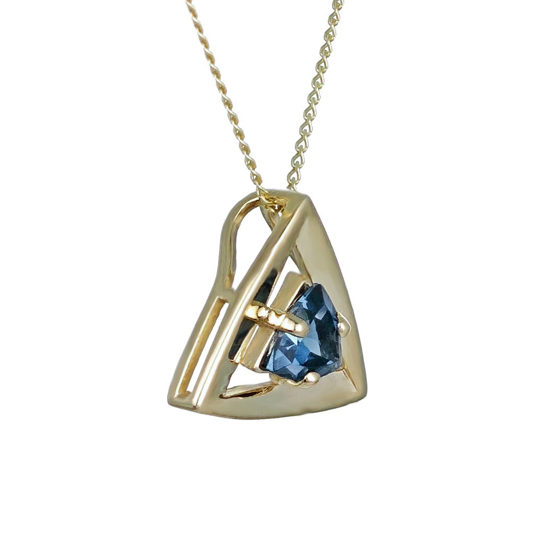 9ct Yellow Gold Topaz Pendant  Natural Treated London Blue Trillion Gemstone