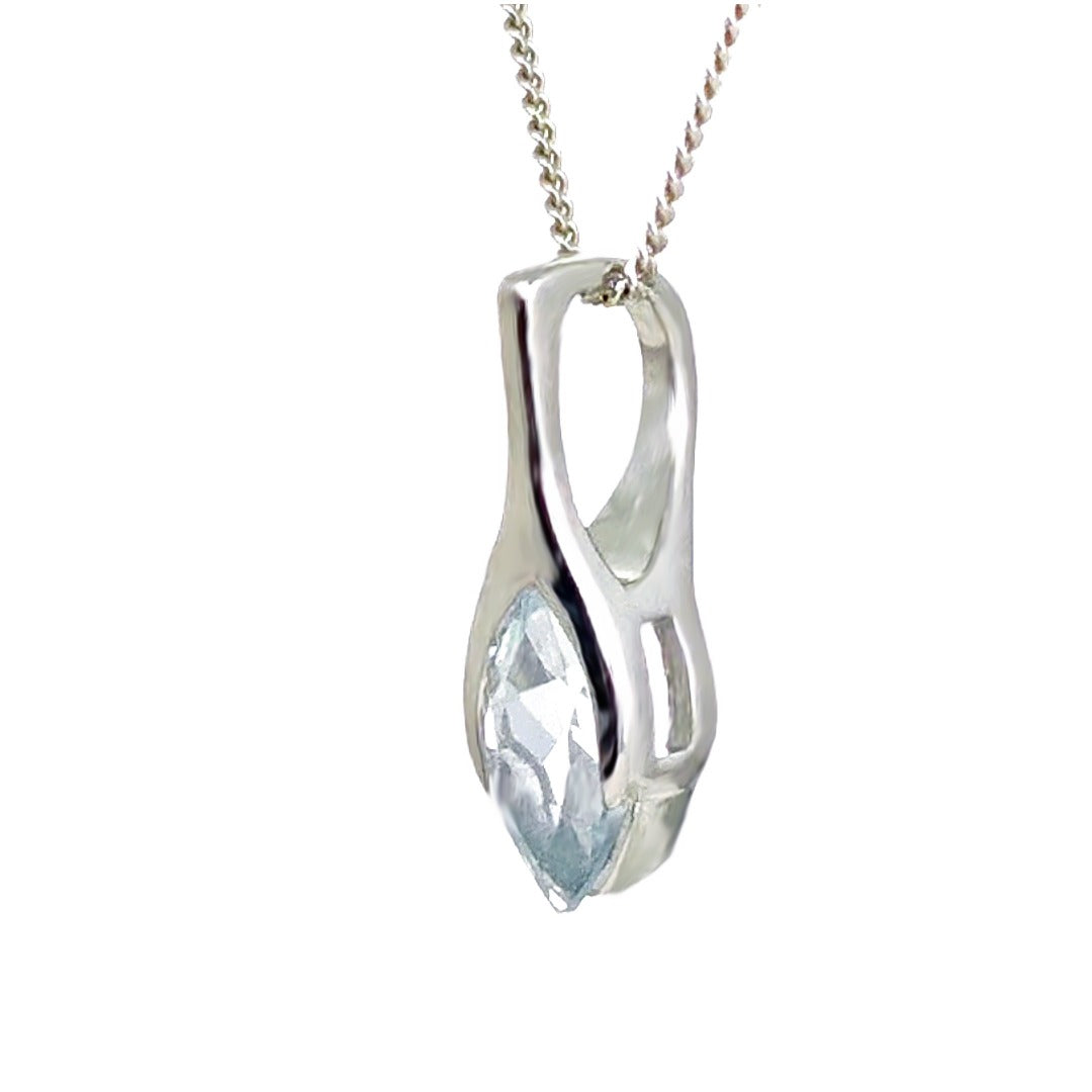 9ct White Gold Aquamarine Pendant Minimalist Marquise Natural Gemstone