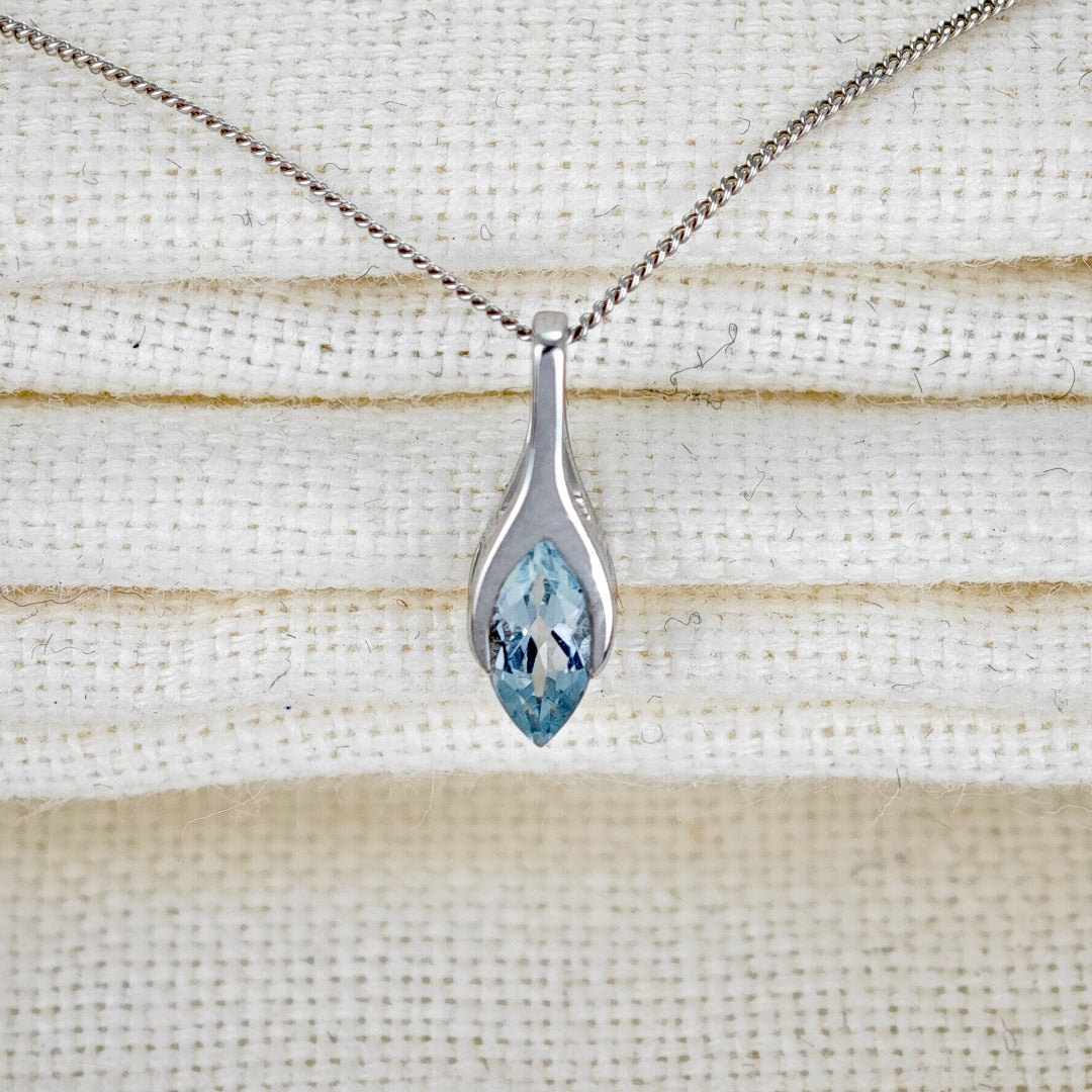 9ct White Gold Aquamarine Pendant Minimalist Marquise Natural Gemstone