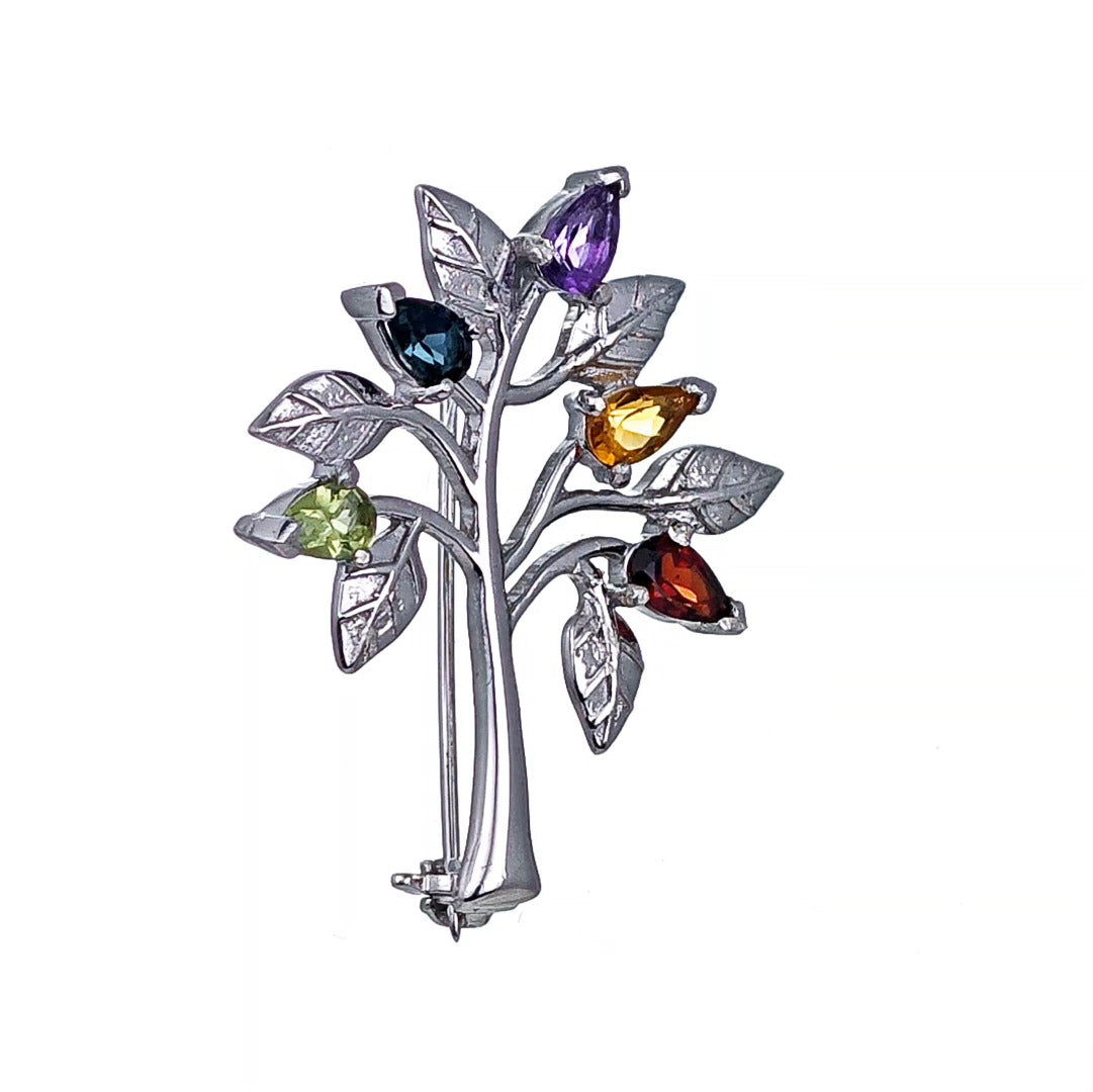 Tree of Life Brooch Sterling Silver Gemstone Elements Boxed Gift