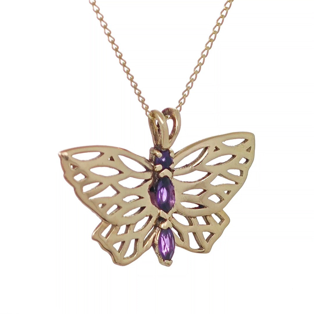 9ct Gold Amethyst butterfly Necklace Hallmarked Pendant