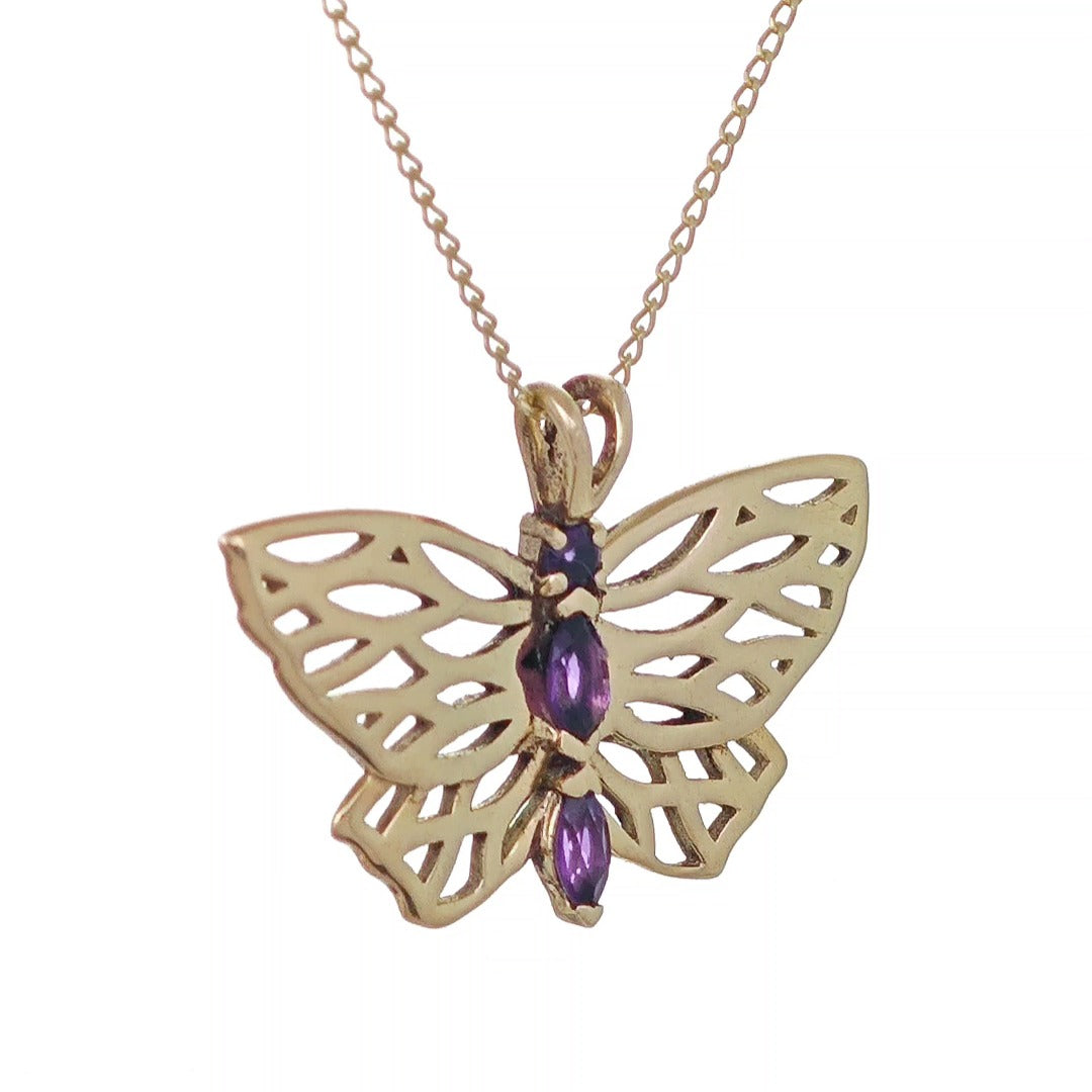 9ct Gold Amethyst butterfly Necklace Hallmarked Pendant