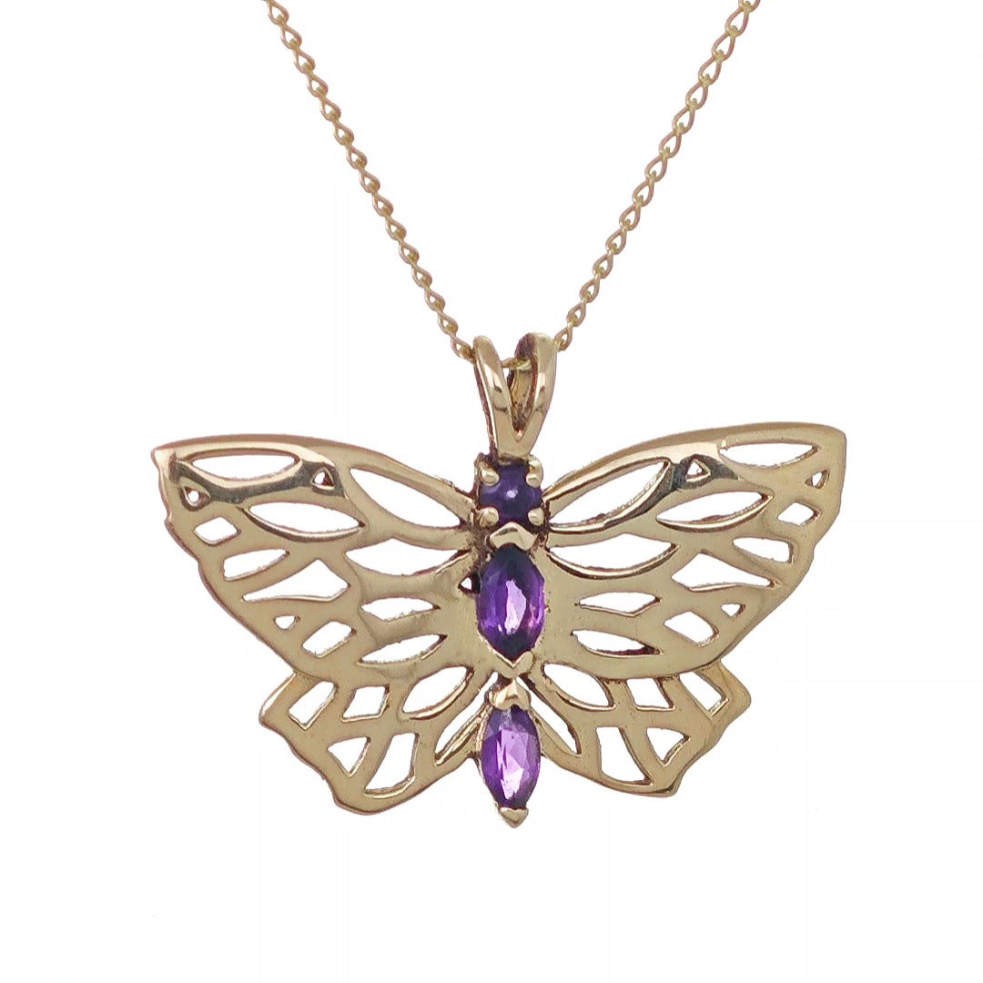 9ct Gold Amethyst butterfly Necklace Hallmarked Pendant