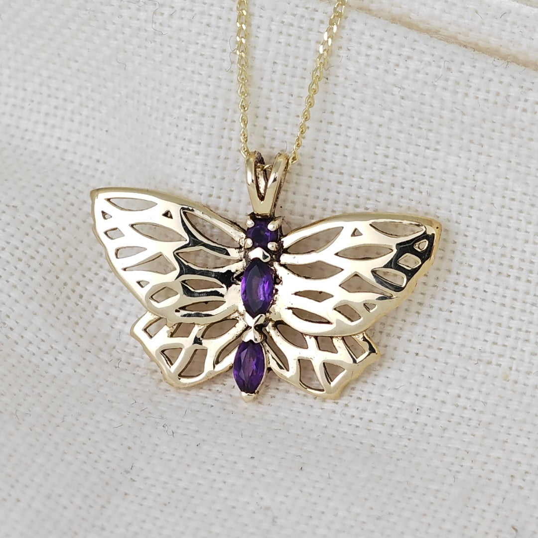 9ct Gold Amethyst butterfly Necklace Hallmarked Pendant