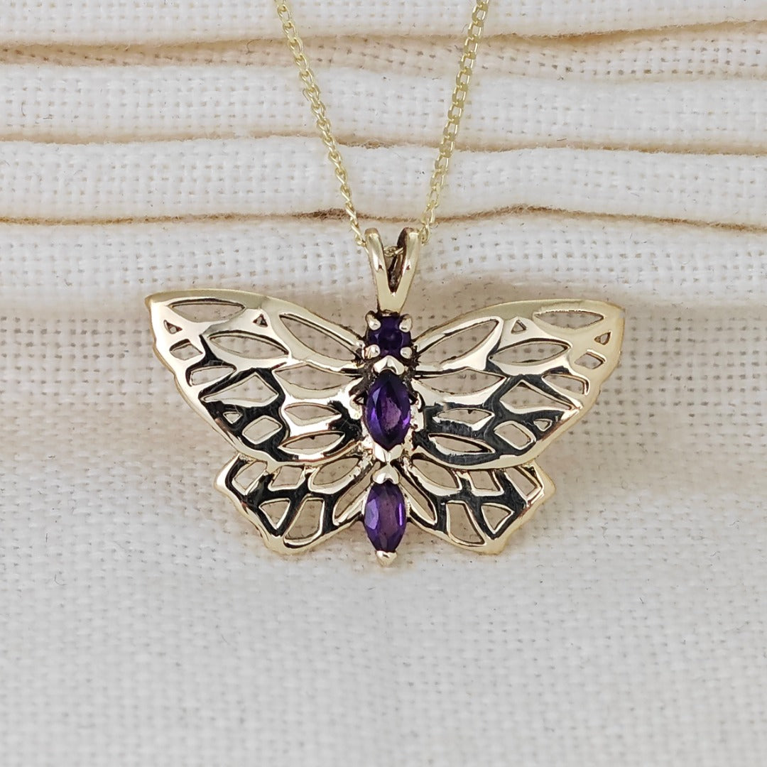 9ct Gold Amethyst butterfly Necklace Hallmarked Pendant