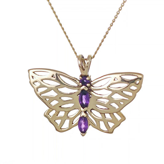 9ct gold butterfly pendant with amethyst stones set in centre