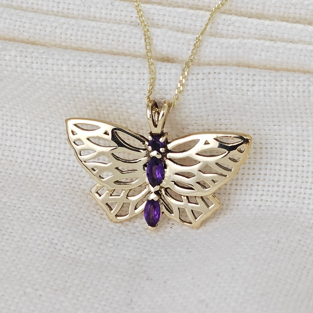 9ct Gold Amethyst butterfly Necklace Hallmarked Pendant