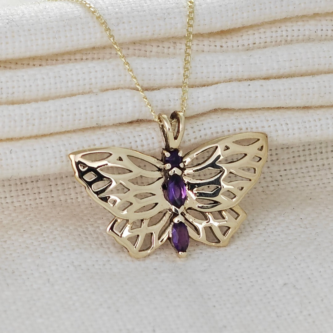 9ct Gold Amethyst butterfly Necklace Hallmarked Pendant