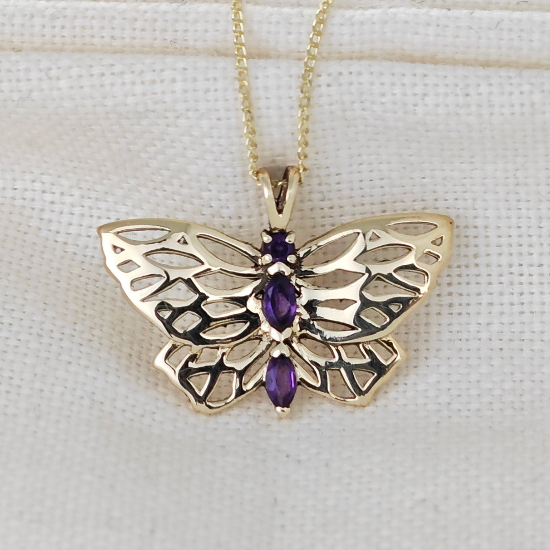 9ct Gold Amethyst butterfly Necklace Hallmarked Pendant