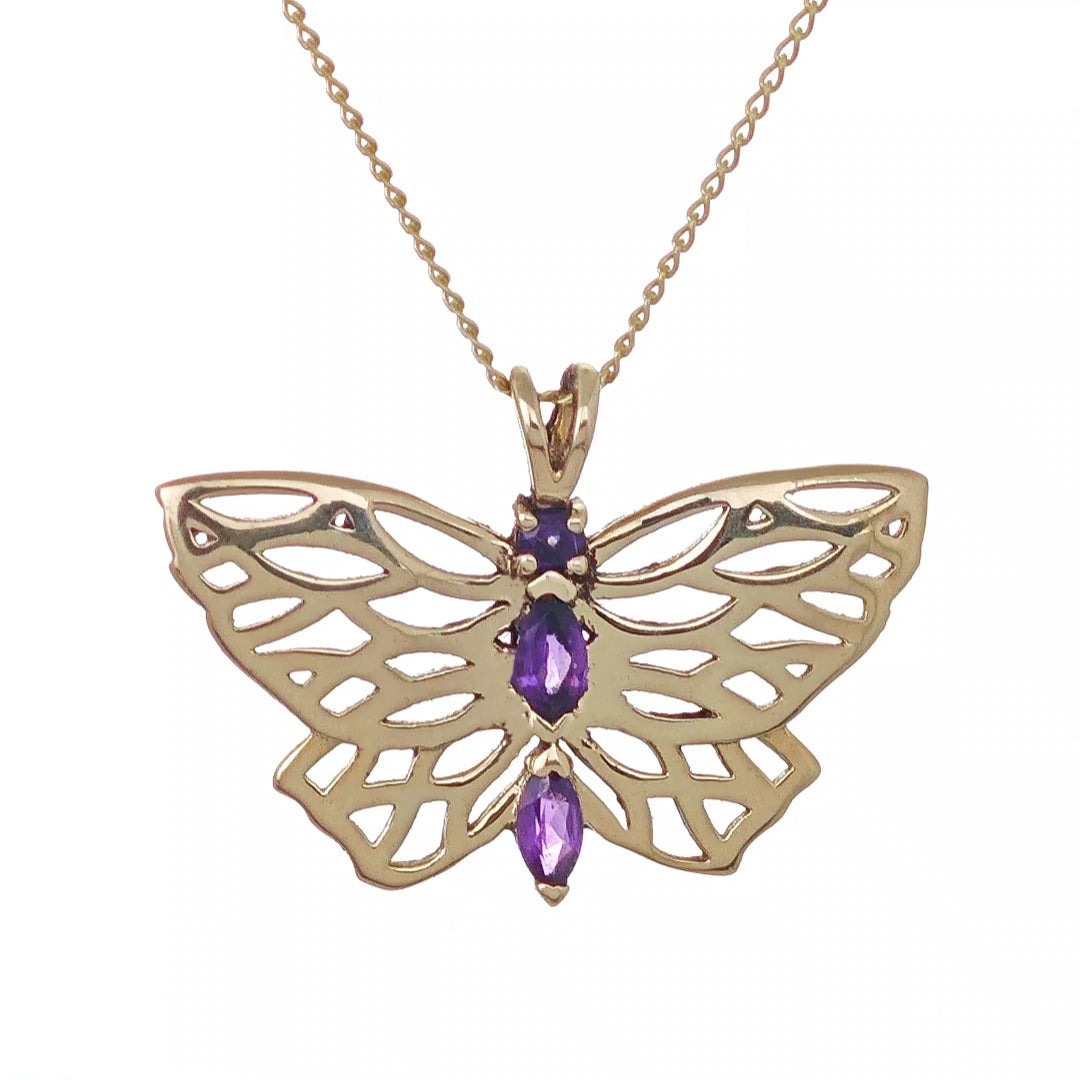 9ct Gold Amethyst butterfly Necklace Hallmarked Pendant