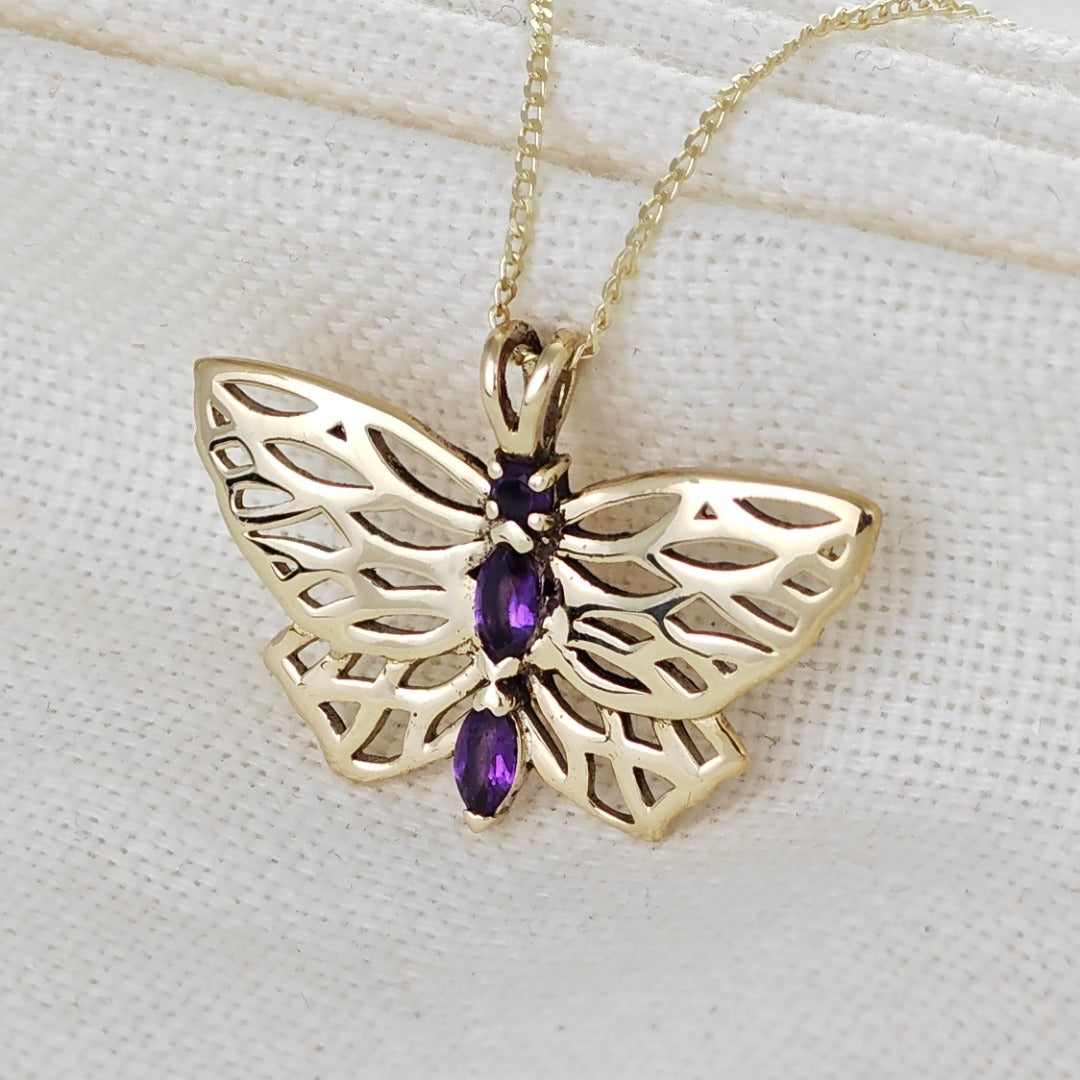 9ct Gold Amethyst butterfly Necklace Hallmarked Pendant