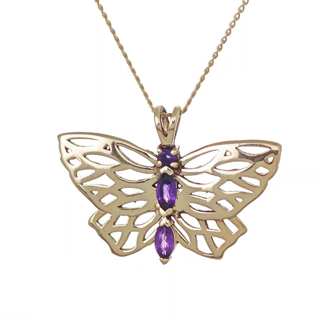 9ct Gold Amethyst butterfly Necklace Hallmarked Pendant