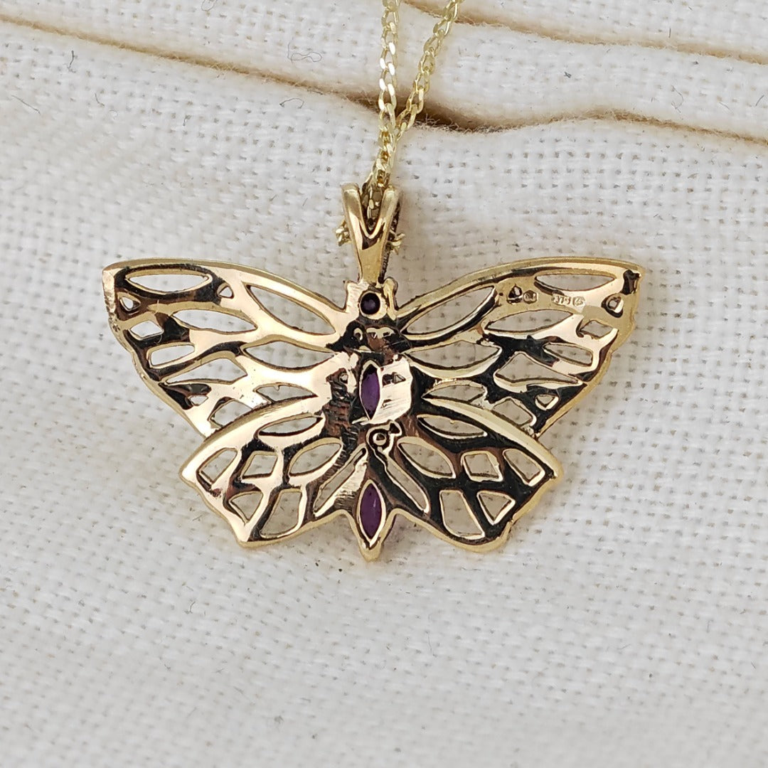 9ct Gold Amethyst butterfly Necklace Hallmarked Pendant