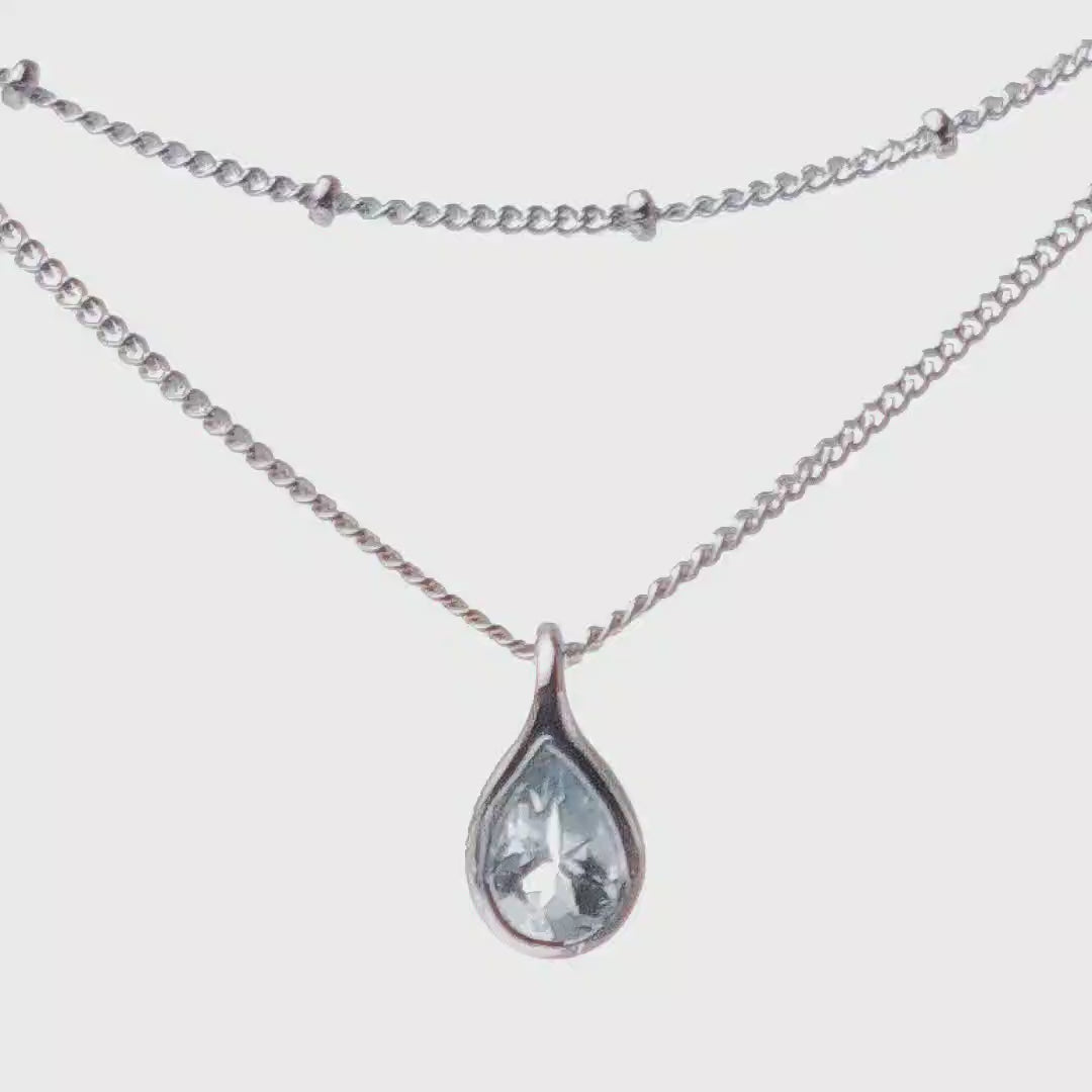 Aquamarine rubover pear pendant plus layered bead chain sterling silver