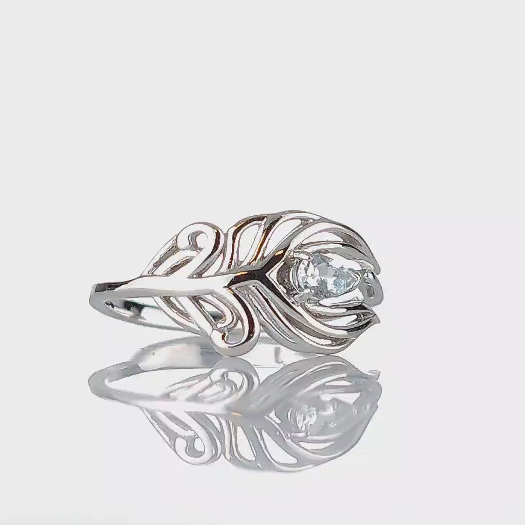 Aquamarine peacock feather ring adjustable sterling silver