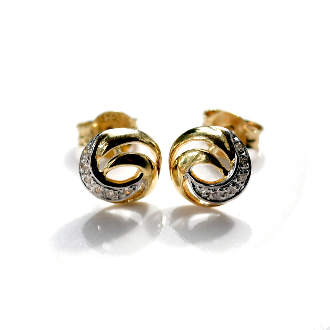 9ct Yellow Gold Earrings Diamond Stud Swirl New Boxed