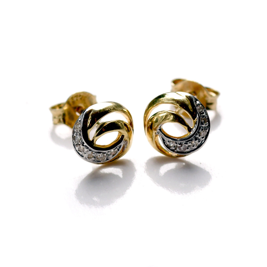 9ct Yellow Gold Earrings Diamond Stud Swirl New Boxed