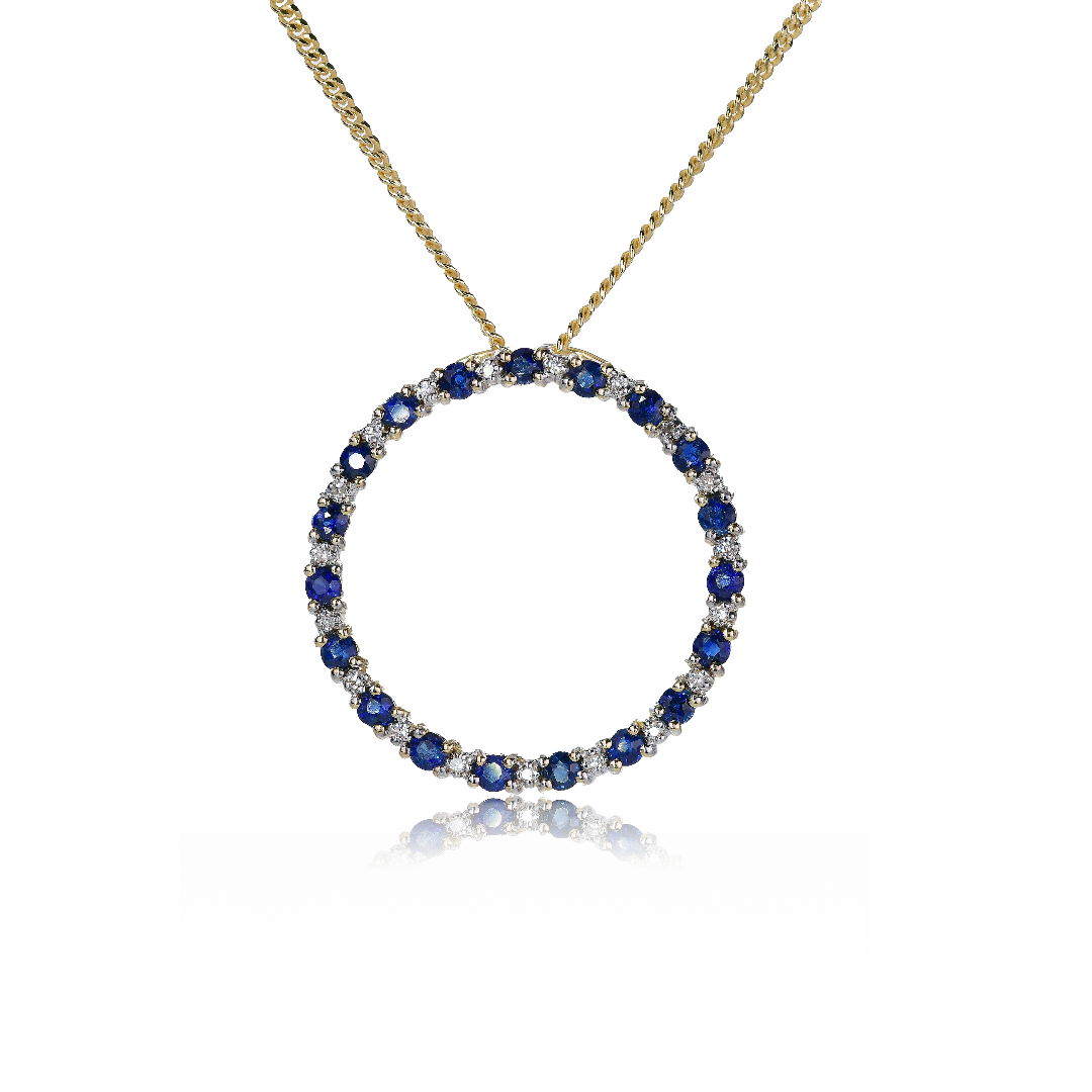 9ct Gold Pendant Diamond Sapphire Circle 18'' Gold plated silver chain