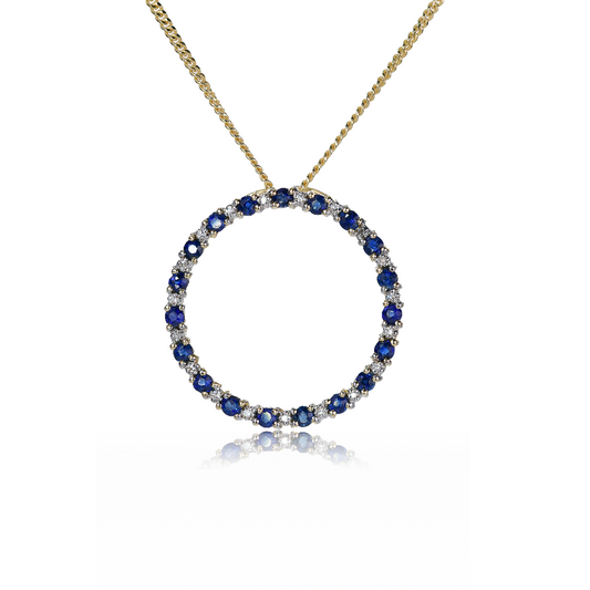 9ct Gold Pendant Diamond Sapphire Circle 18'' Gold plated silver chain