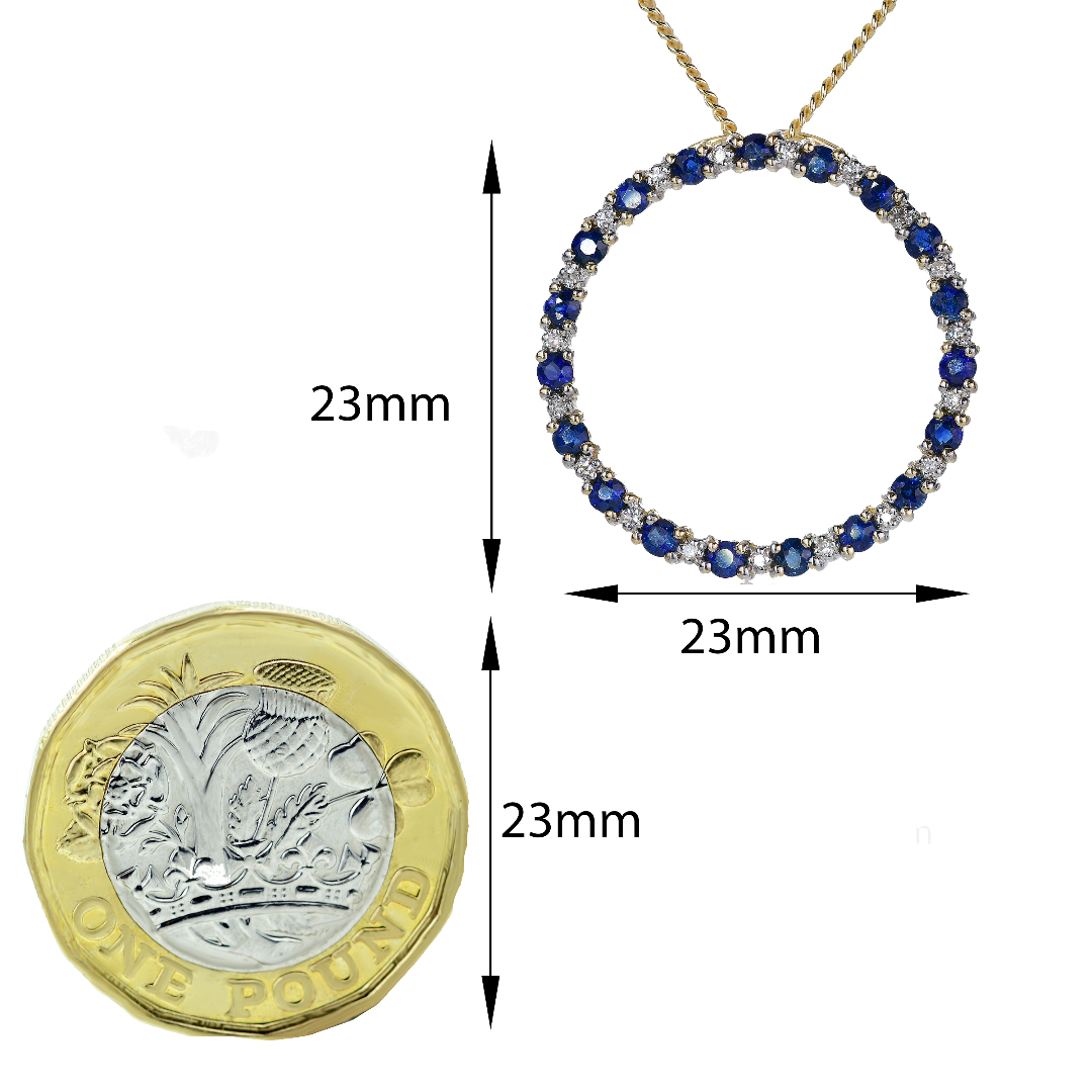 9ct Gold Pendant Diamond Sapphire Circle 18'' Gold plated silver chain