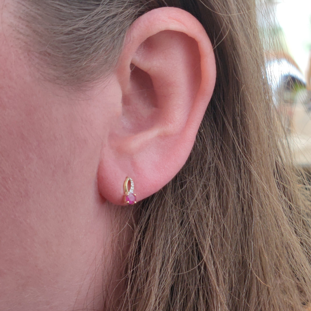 9ct Gold Earrings Diamond Ruby Studs July Birthstone