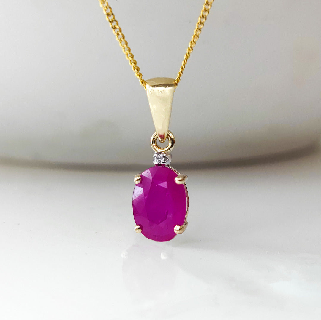 9ct Gold Necklace Diamond Red Ruby Oval 1ct 7x5 July Birthstone