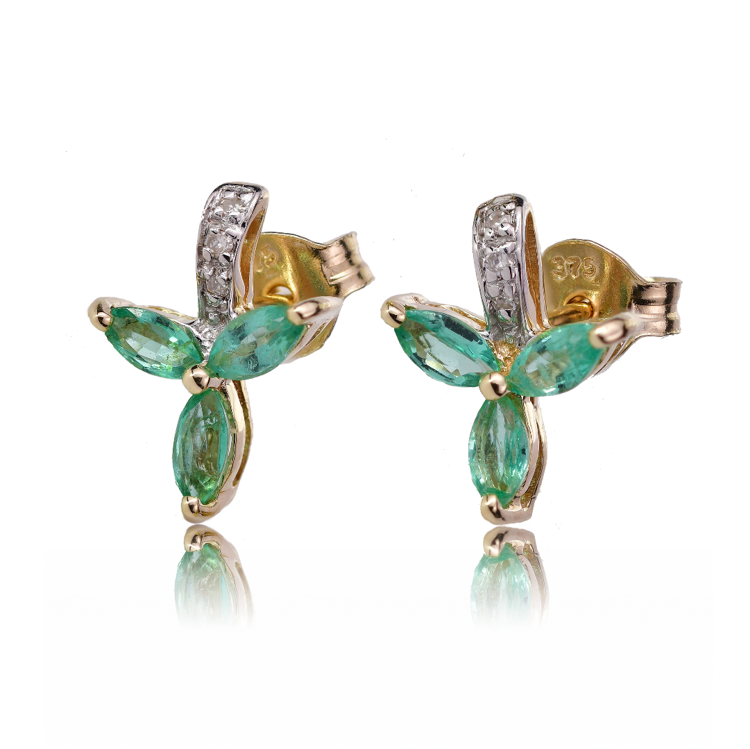 9ct Emerald Diamond Gold Earrings Studs Natural Green Marquise May Birthstone