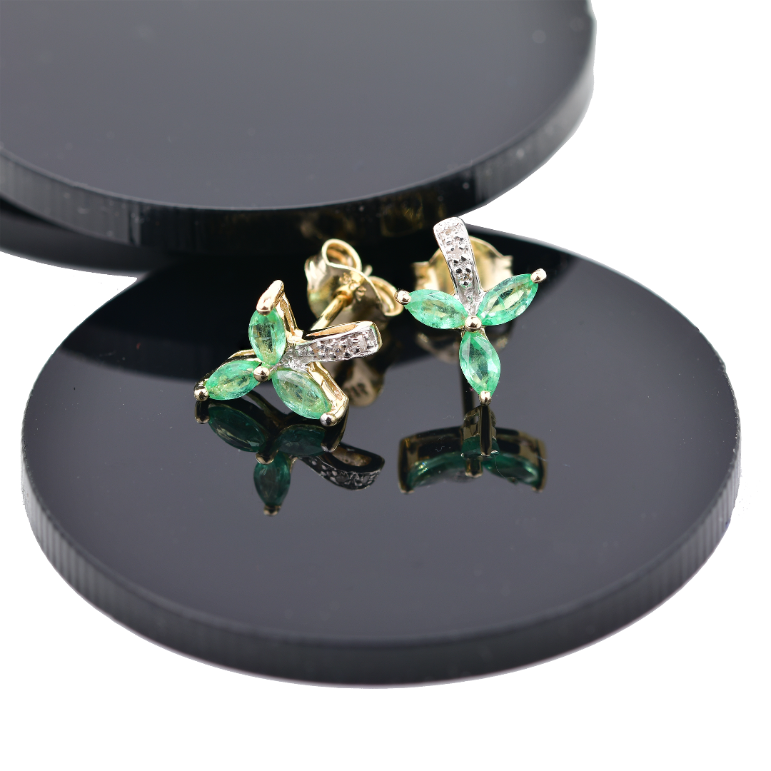 9ct Emerald Diamond Gold Earrings Studs Natural Green Marquise May Birthstone