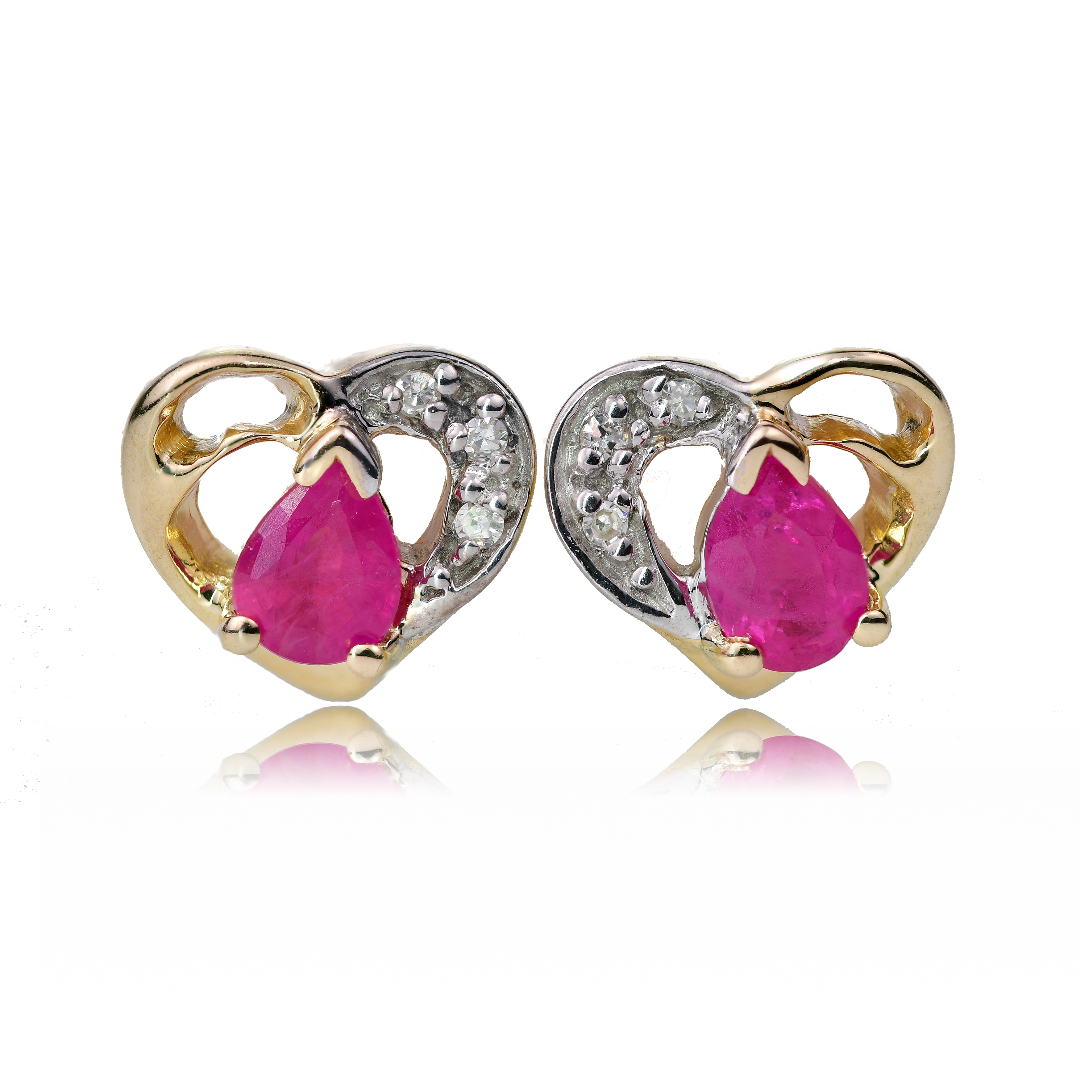 9ct Gold Earrings Diamond Heart Ruby Studs July Birthstone