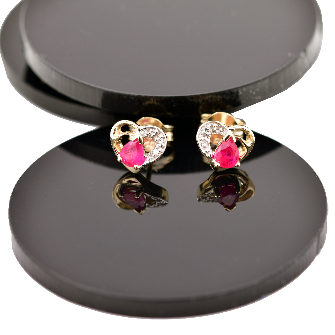 9ct Gold Earrings Diamond Heart Ruby Studs July Birthstone