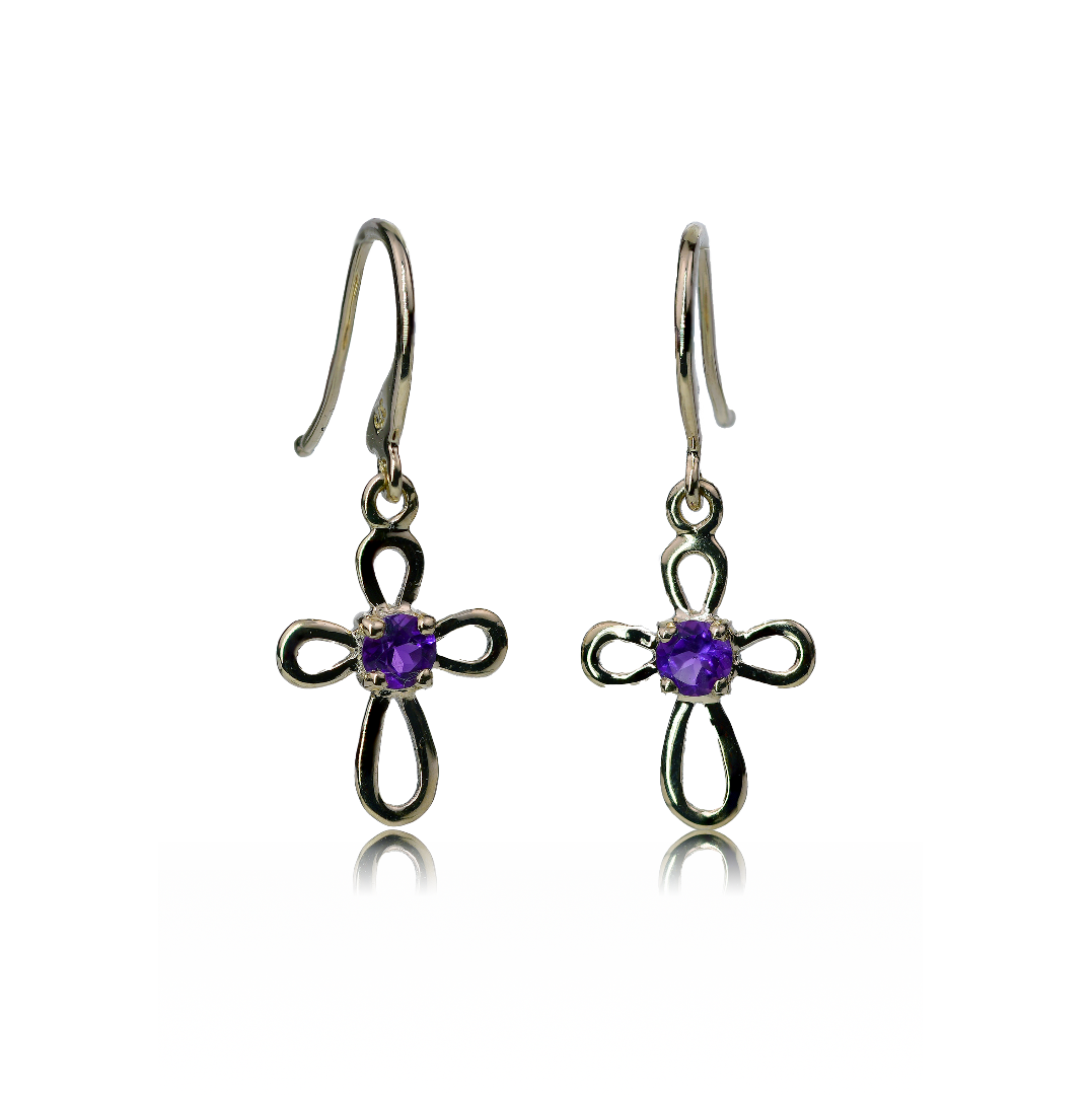 9ct Gold Cross Dangle Amethyst Earrings