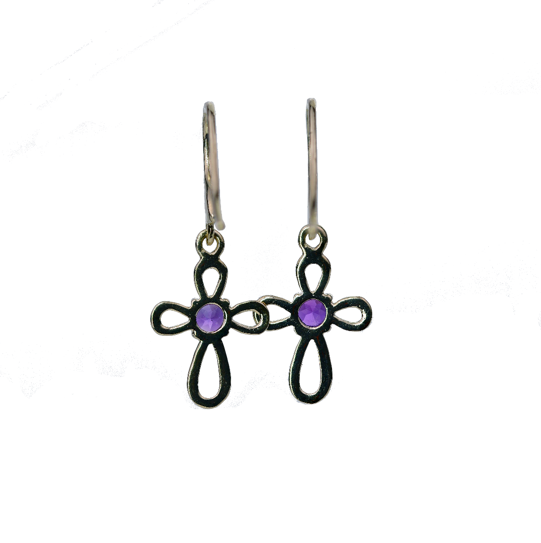 9ct Gold Cross Dangle Amethyst Earrings