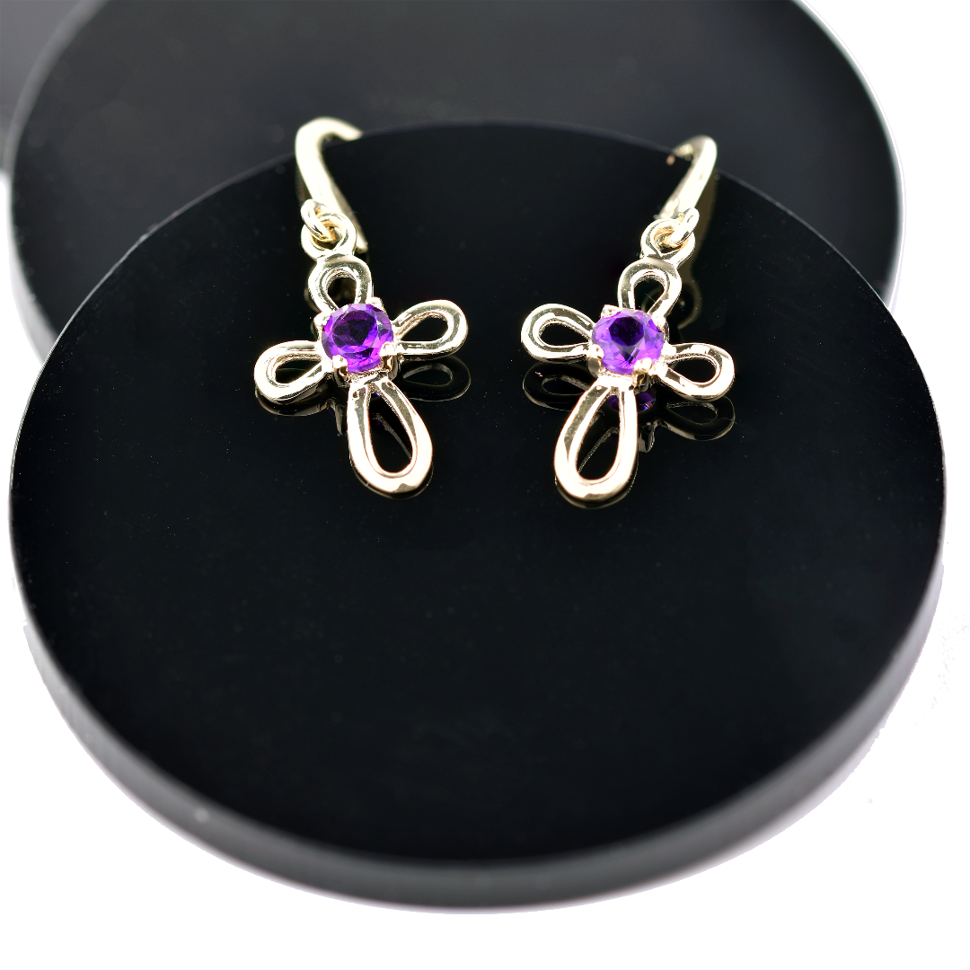 9ct Gold Cross Dangle Amethyst Earrings