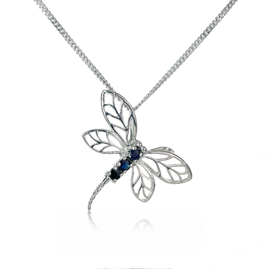 Sapphire Ink Blue Dragonfly Necklace Sterling Silver