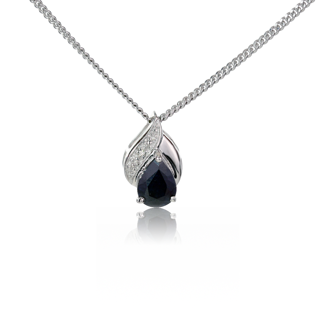 Silver Diamond Necklace Sapphire Blue 0.75ct Pear Womens