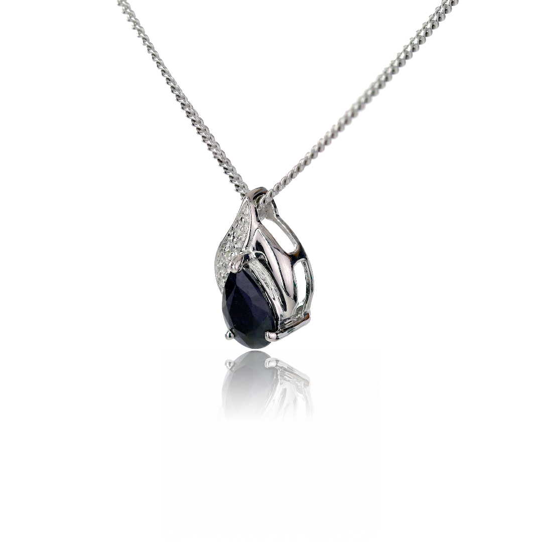 Silver Diamond Necklace Sapphire Blue 0.75ct Pear Womens